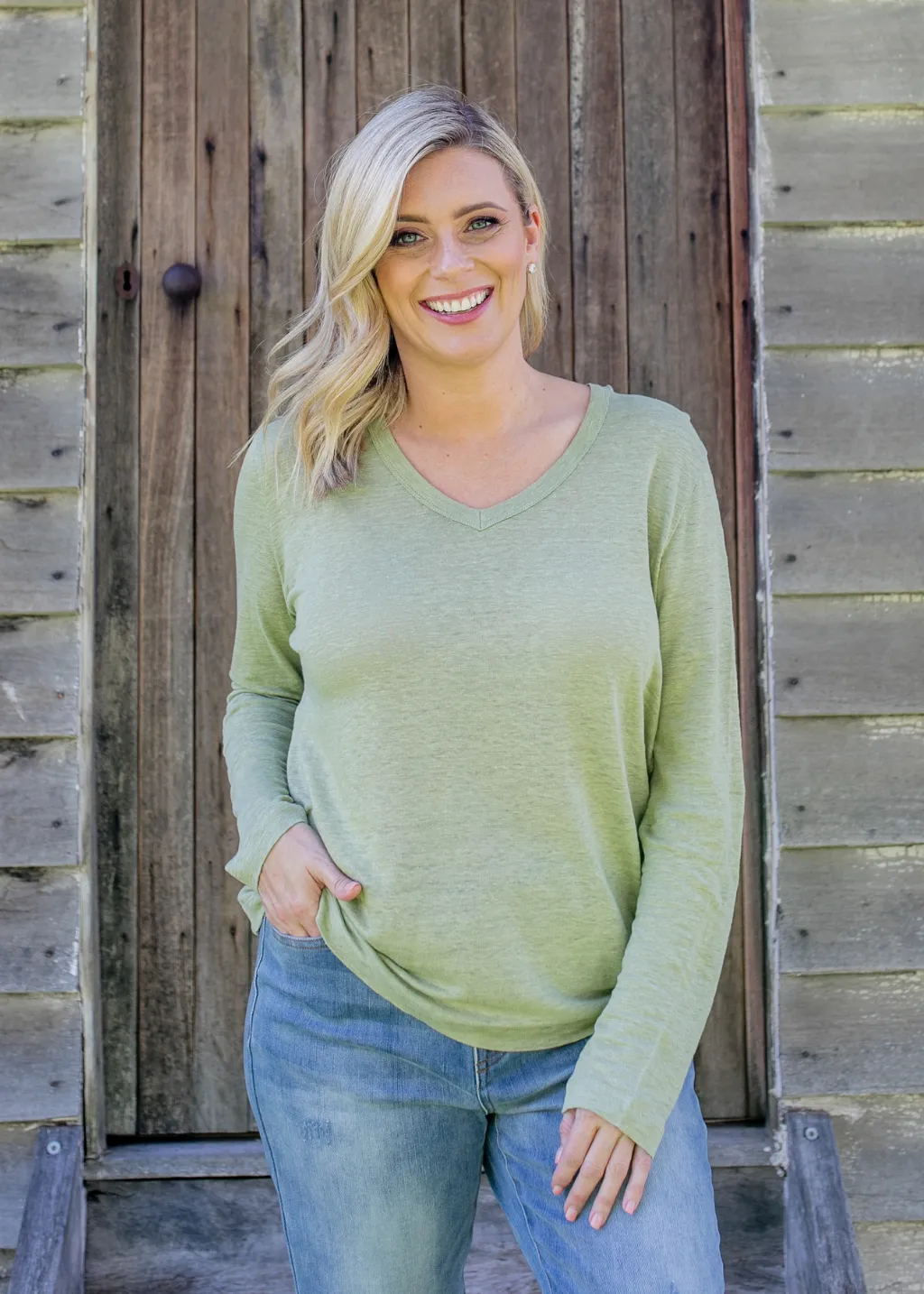 100% Linen Long Sleeve V Neck Tee Shirt Khaki