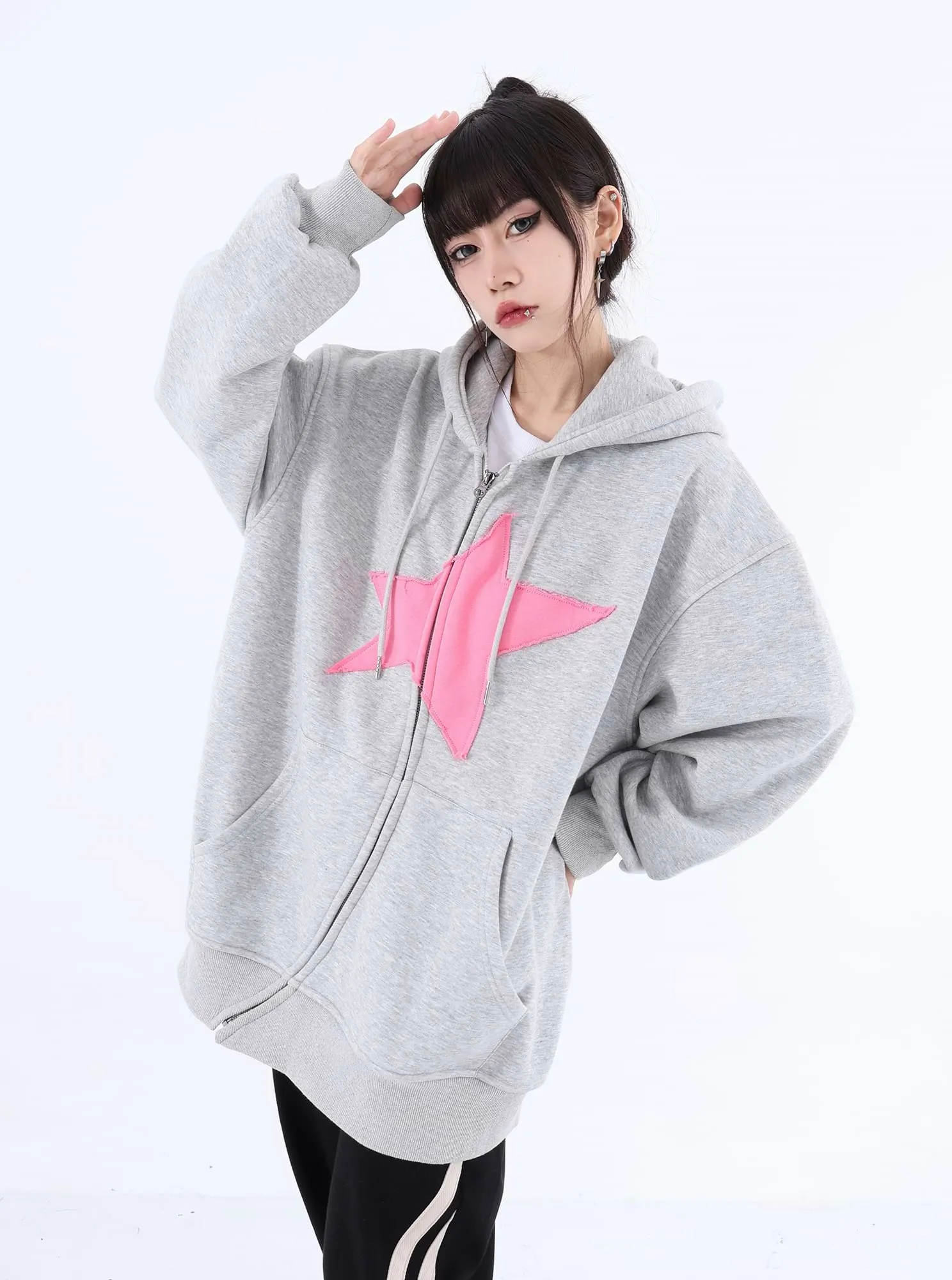 Asymmetric Zip Star Oversized Hoodie