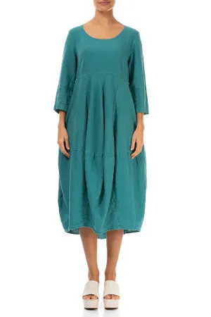 Balloon Cropped Sleeves Turquoise Linen Dress
