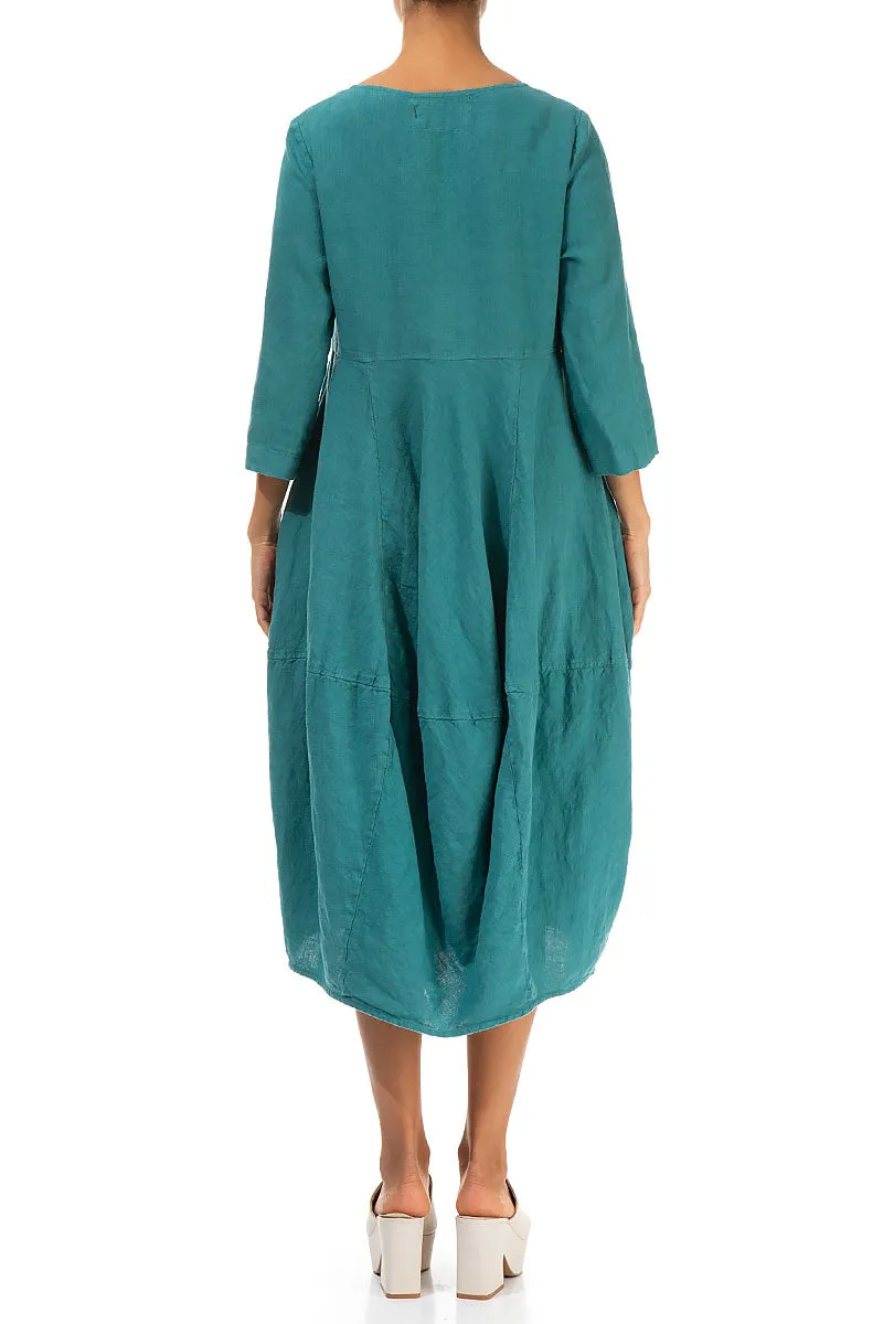 Balloon Cropped Sleeves Turquoise Linen Dress