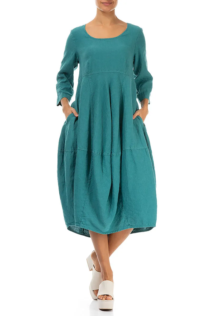 Balloon Cropped Sleeves Turquoise Linen Dress
