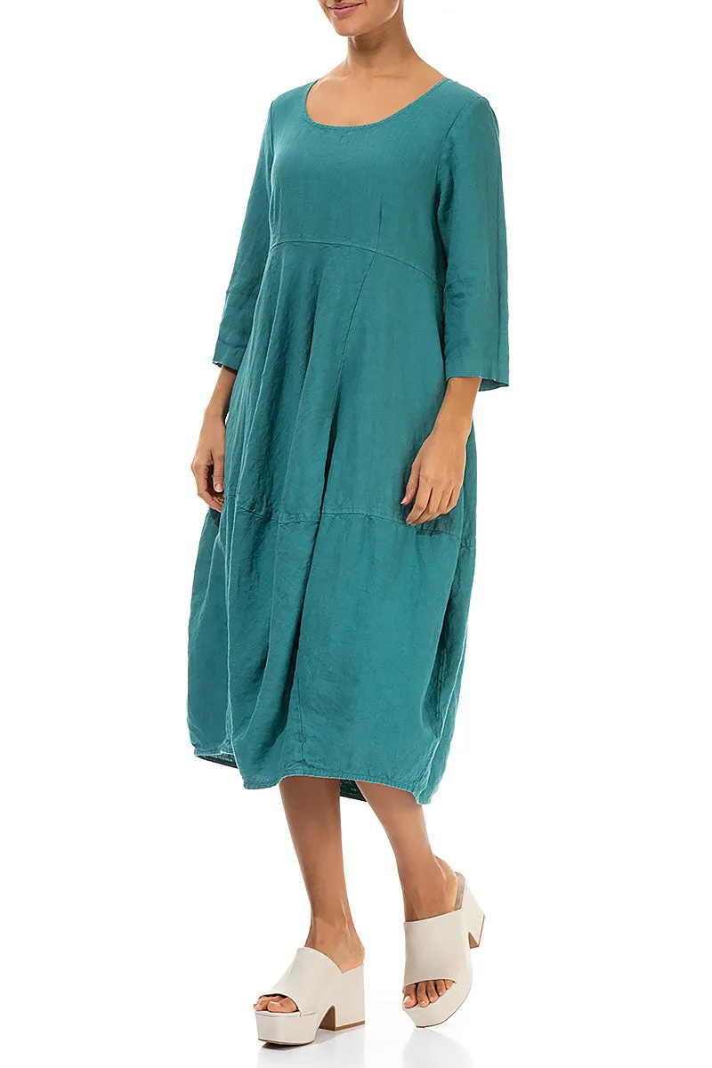 Balloon Cropped Sleeves Turquoise Linen Dress