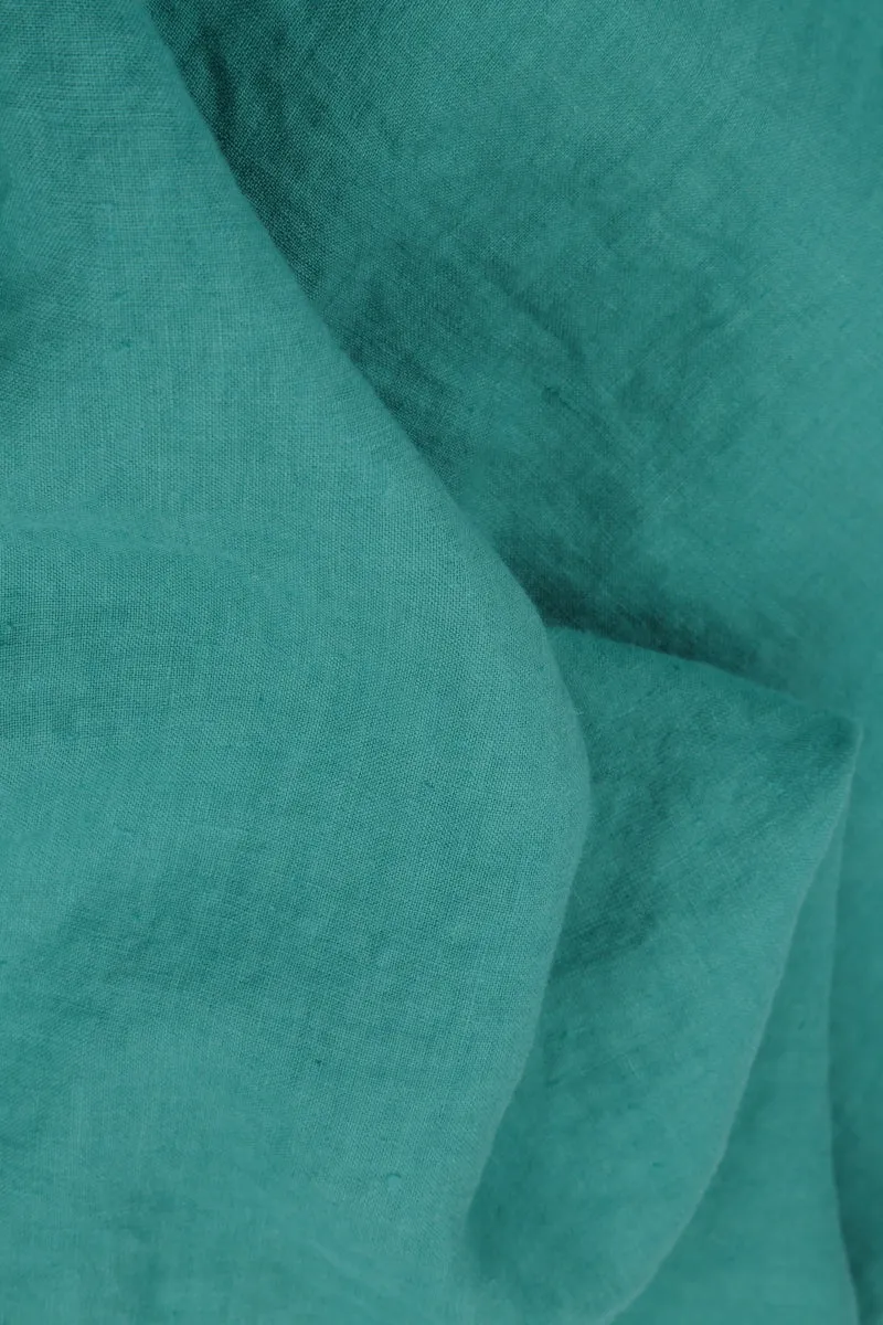 Balloon Cropped Sleeves Turquoise Linen Dress