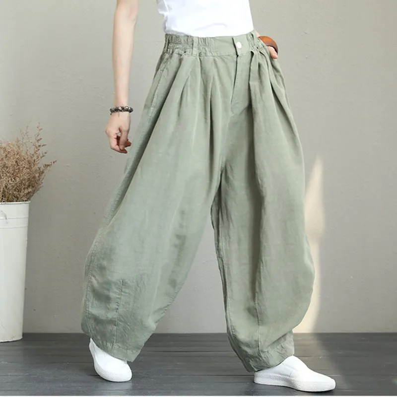 Casual Wide Leg Linen Pants Women Loose Trousers Q1290