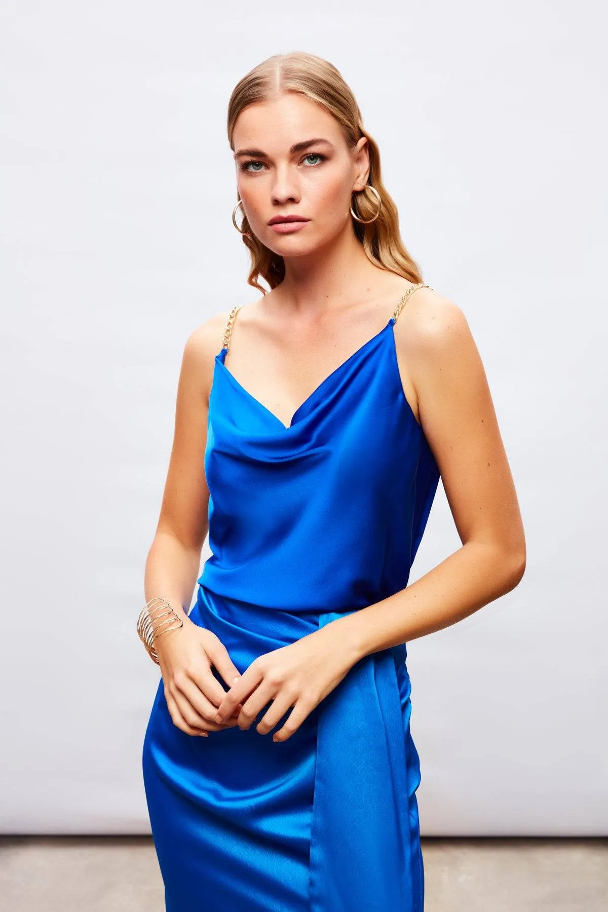 Chain Strap Satin Blouse - SAX BLUE