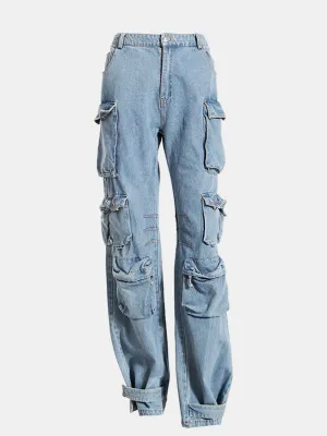 Chic Wide Leg Cargo Denim Pants