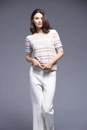 Cotton Cashmere Striped Pointelle Short Sleeve V Neck Crew
