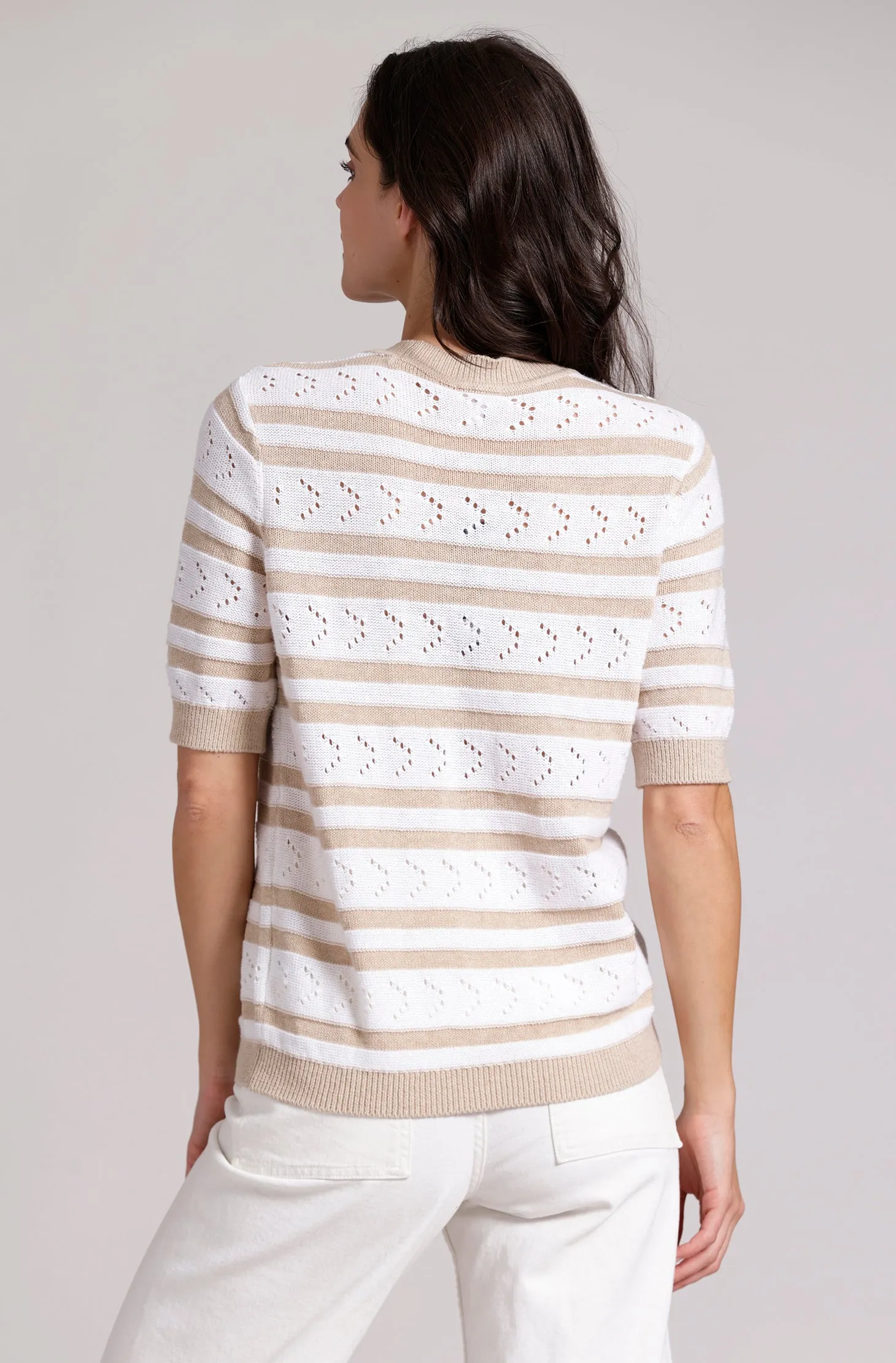 Cotton Cashmere Striped Pointelle Short Sleeve V Neck Crew