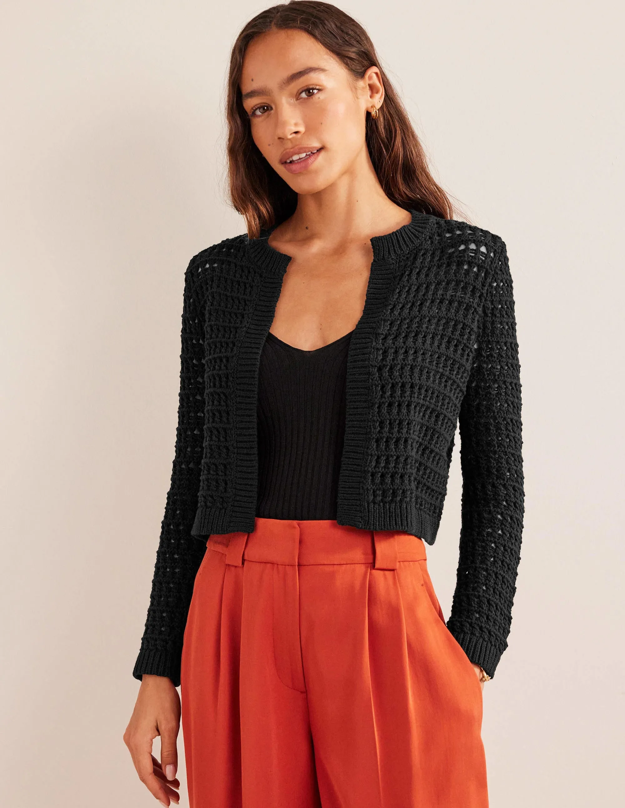 Cropped Crochet Cardigan-Black