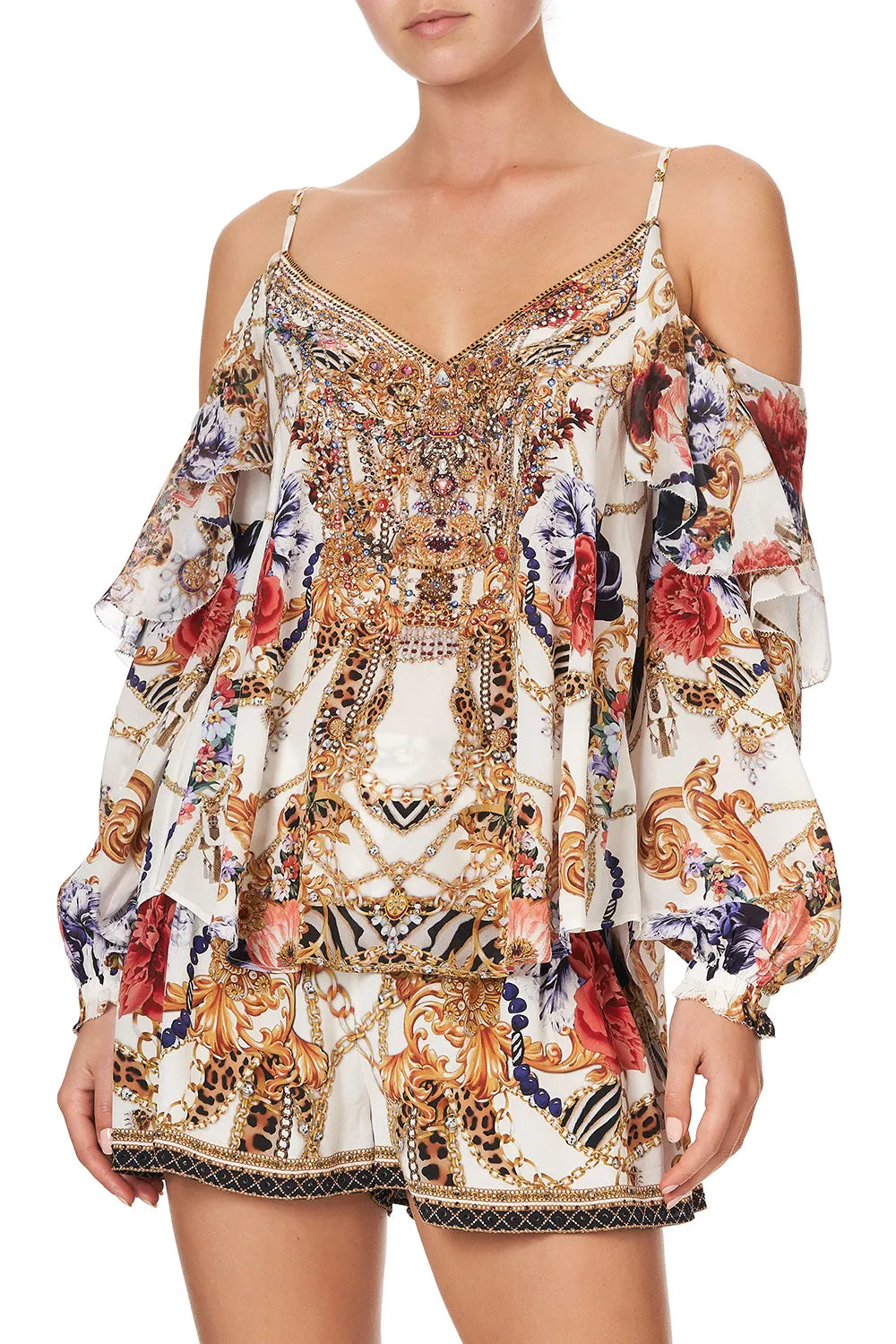 Drop Shoulder Ruffle Silk Blouse, Reign Supreme
