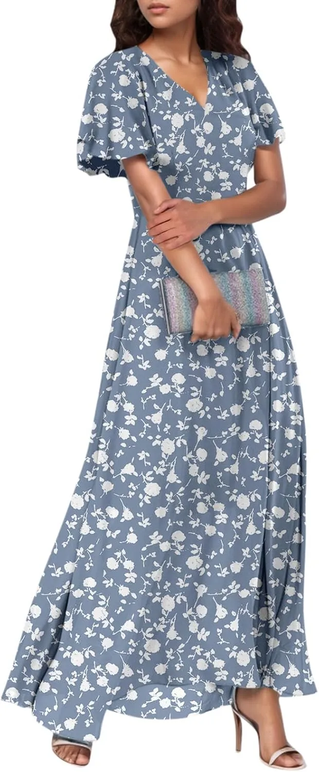 Easter Dress for Women 2025 Summer Dresses Maxi V Neck Floral Chiffon Dress Flowy Short Ruffle Sleeve