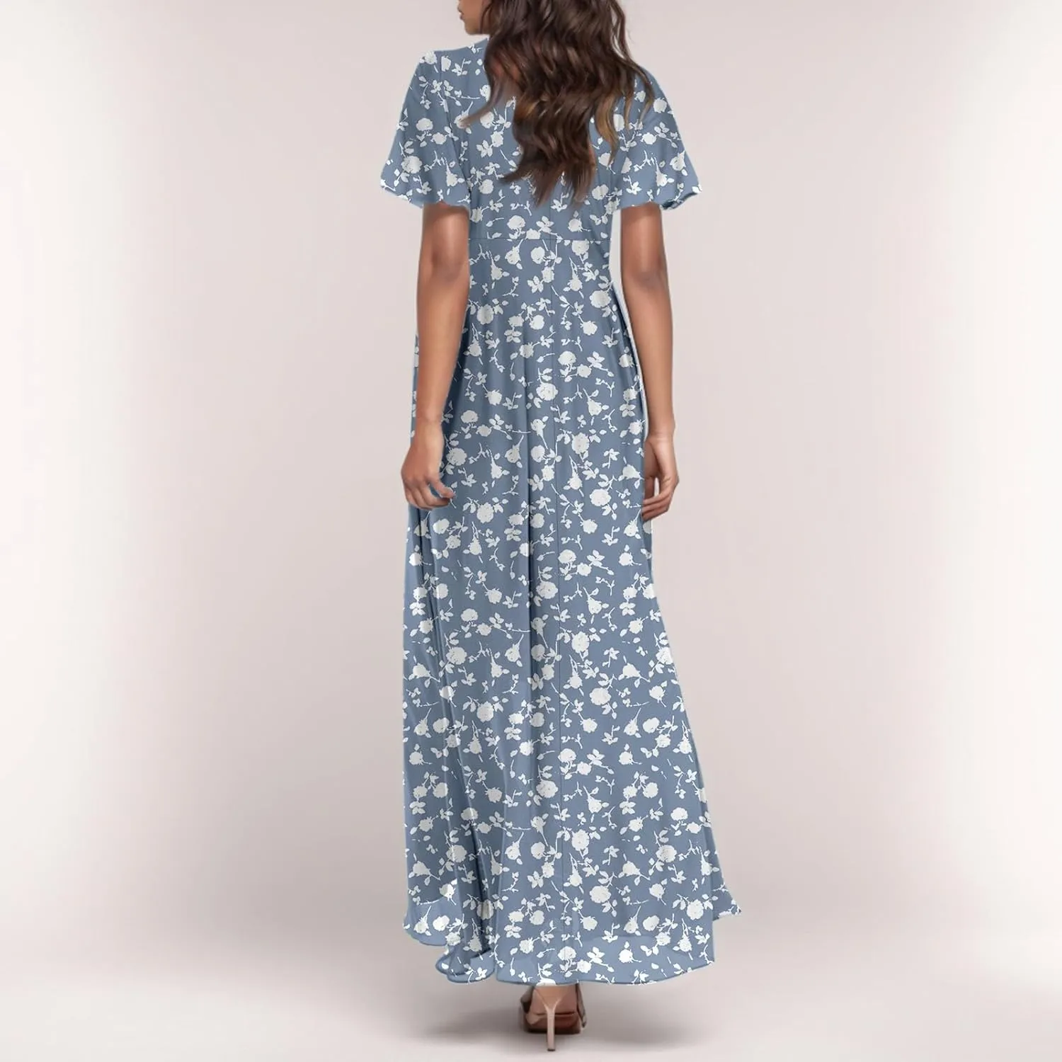 Easter Dress for Women 2025 Summer Dresses Maxi V Neck Floral Chiffon Dress Flowy Short Ruffle Sleeve