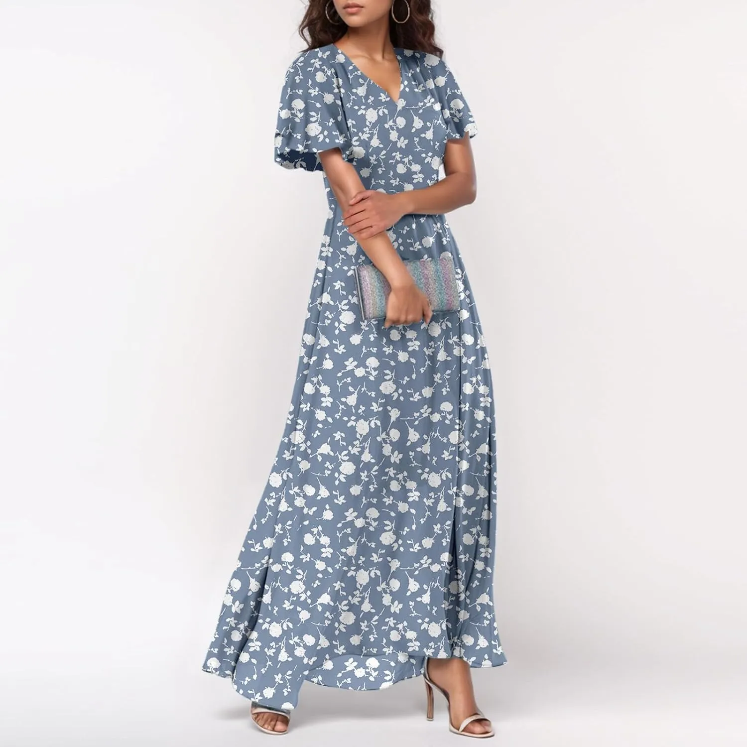 Easter Dress for Women 2025 Summer Dresses Maxi V Neck Floral Chiffon Dress Flowy Short Ruffle Sleeve