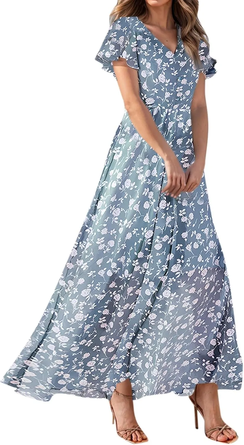 Easter Dress for Women 2025 Summer Dresses Maxi V Neck Floral Chiffon Dress Flowy Short Ruffle Sleeve