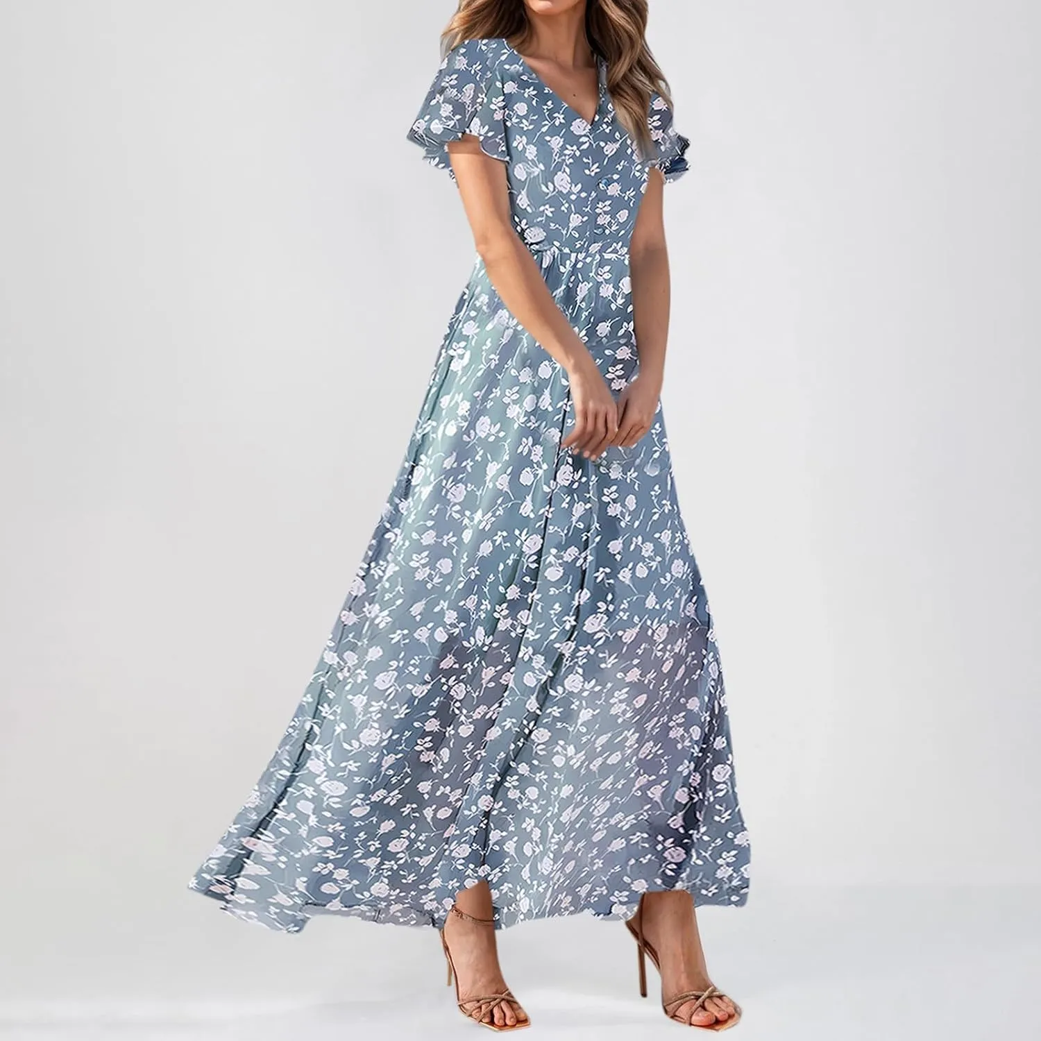 Easter Dress for Women 2025 Summer Dresses Maxi V Neck Floral Chiffon Dress Flowy Short Ruffle Sleeve