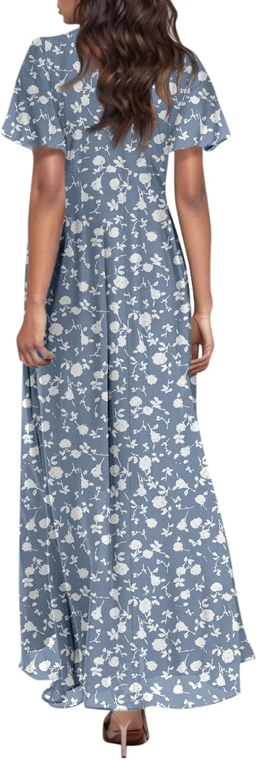 Easter Dress for Women 2025 Summer Dresses Maxi V Neck Floral Chiffon Dress Flowy Short Ruffle Sleeve