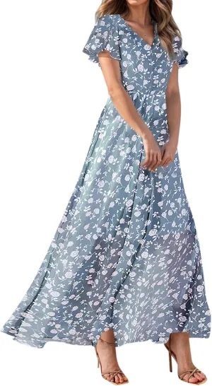 Easter Dress for Women 2025 Summer Dresses Maxi V Neck Floral Chiffon Dress Flowy Short Ruffle Sleeve