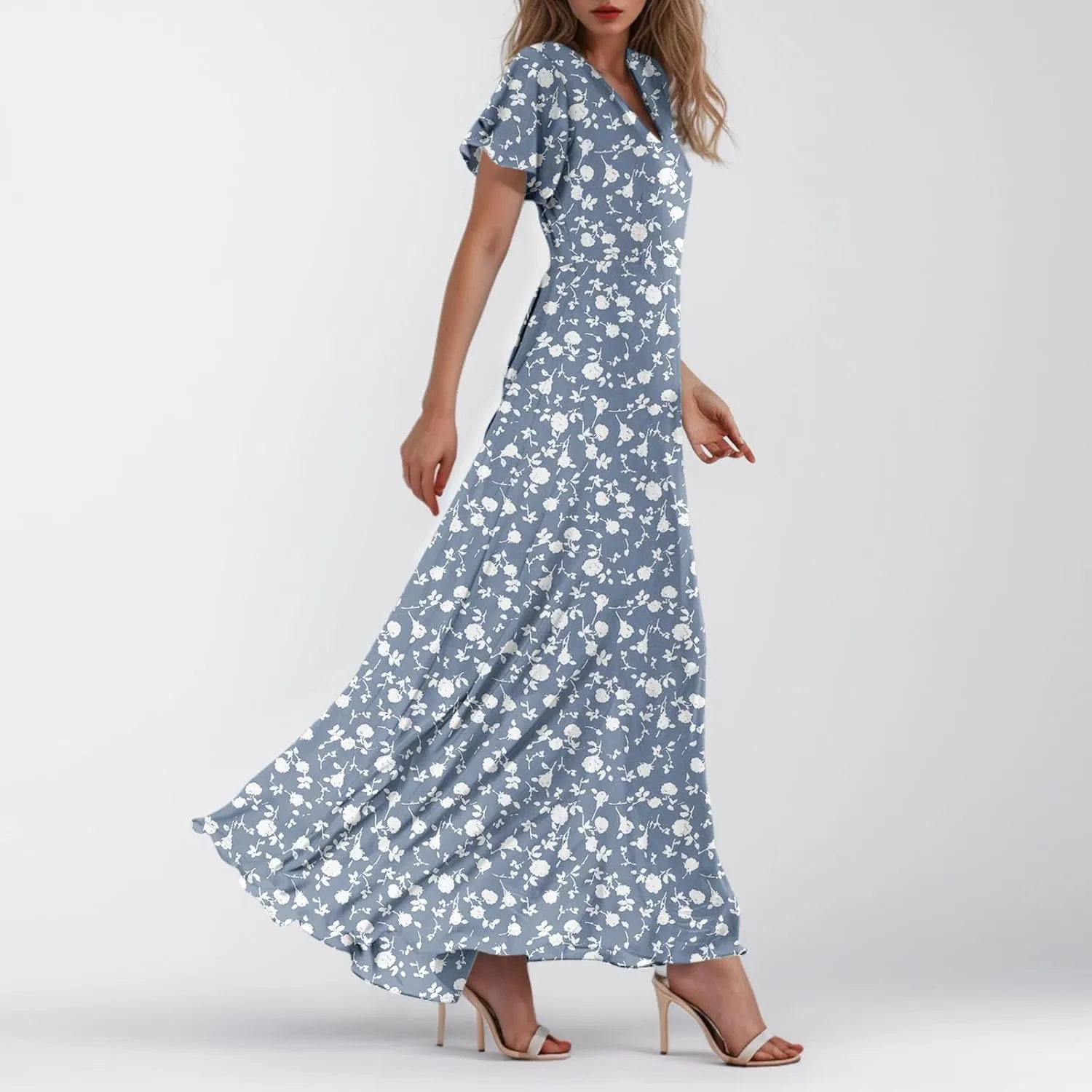 Easter Dress for Women 2025 Summer Dresses Maxi V Neck Floral Chiffon Dress Flowy Short Ruffle Sleeve