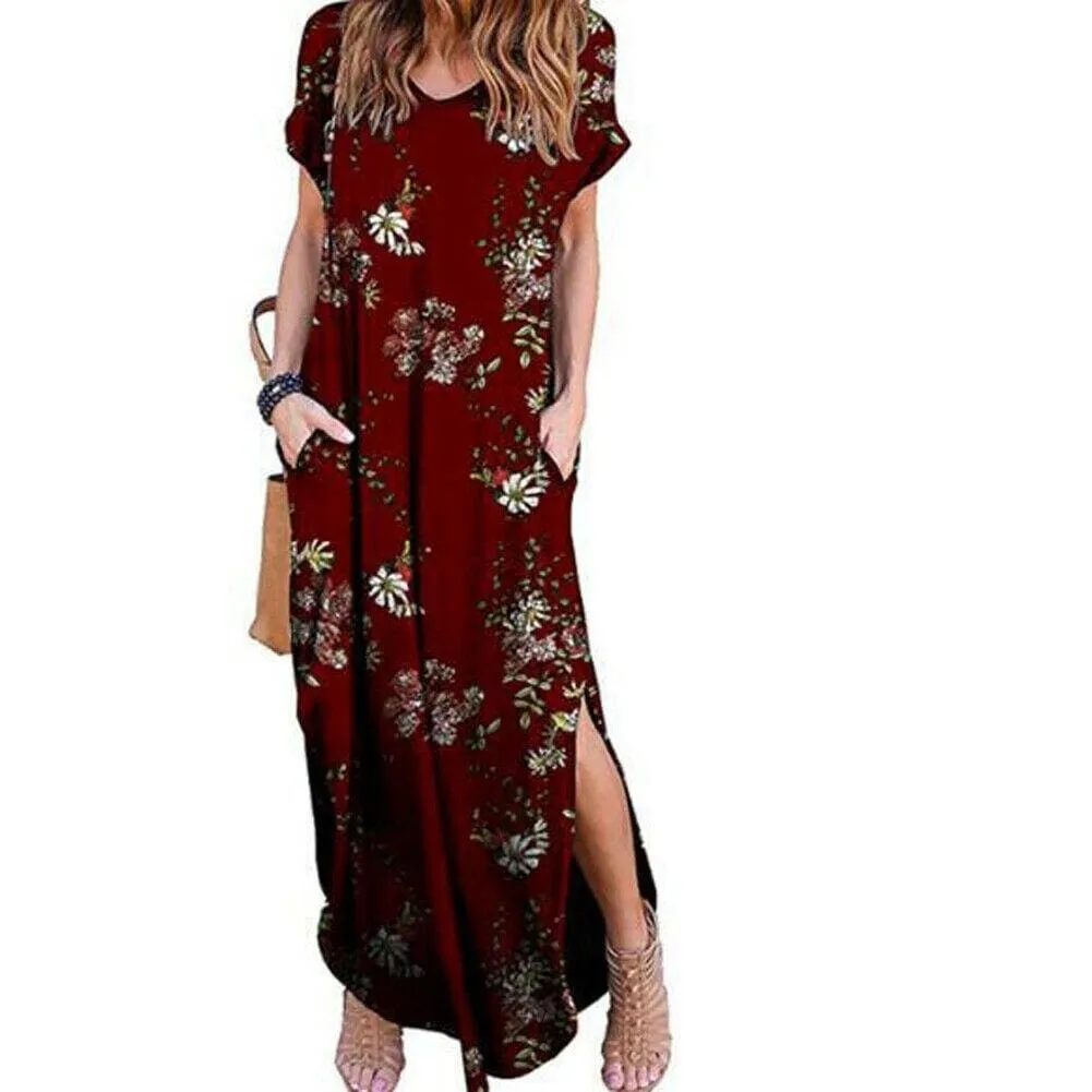 FashionSierra - Women's Boho Pocket Long Maxi Dress Floral Cocktail Party Summer Beach Casual V Neck Split Loose Dress Sundress