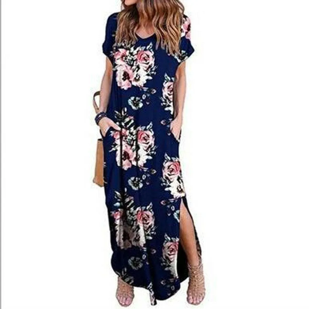 FashionSierra - Women's Boho Pocket Long Maxi Dress Floral Cocktail Party Summer Beach Casual V Neck Split Loose Dress Sundress