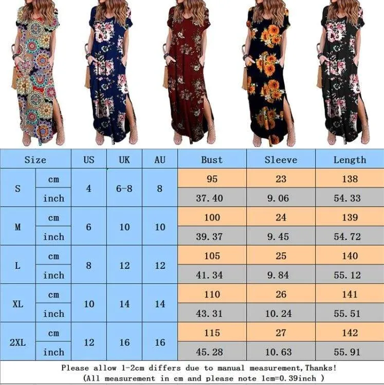 FashionSierra - Women's Boho Pocket Long Maxi Dress Floral Cocktail Party Summer Beach Casual V Neck Split Loose Dress Sundress
