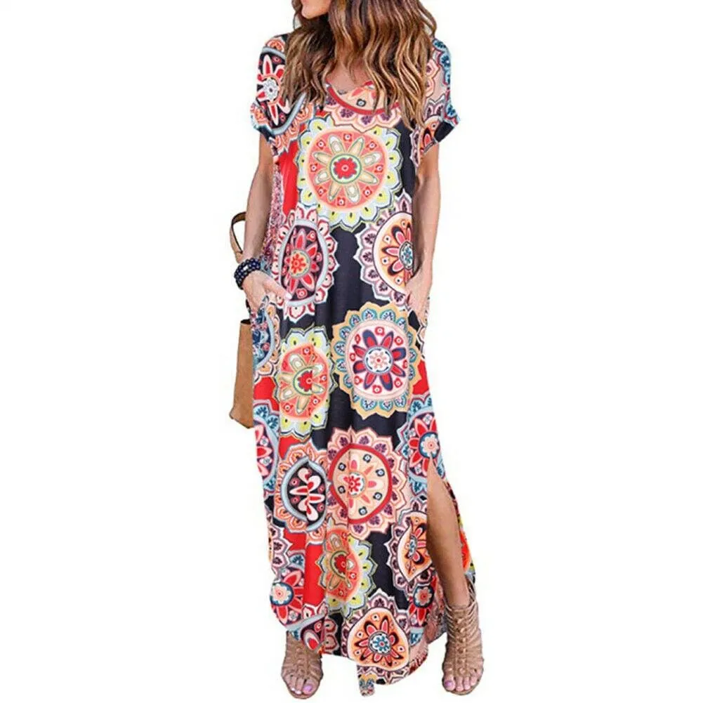 FashionSierra - Women's Boho Pocket Long Maxi Dress Floral Cocktail Party Summer Beach Casual V Neck Split Loose Dress Sundress