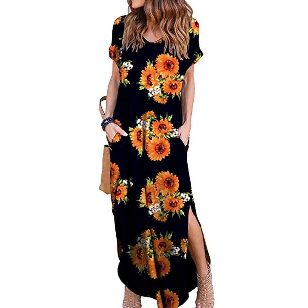 FashionSierra - Women's Boho Pocket Long Maxi Dress Floral Cocktail Party Summer Beach Casual V Neck Split Loose Dress Sundress