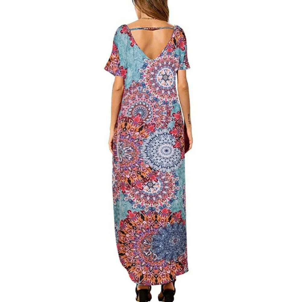 FashionSierra - Women's Boho Pocket Long Maxi Dress Floral Cocktail Party Summer Beach Casual V Neck Split Loose Dress Sundress