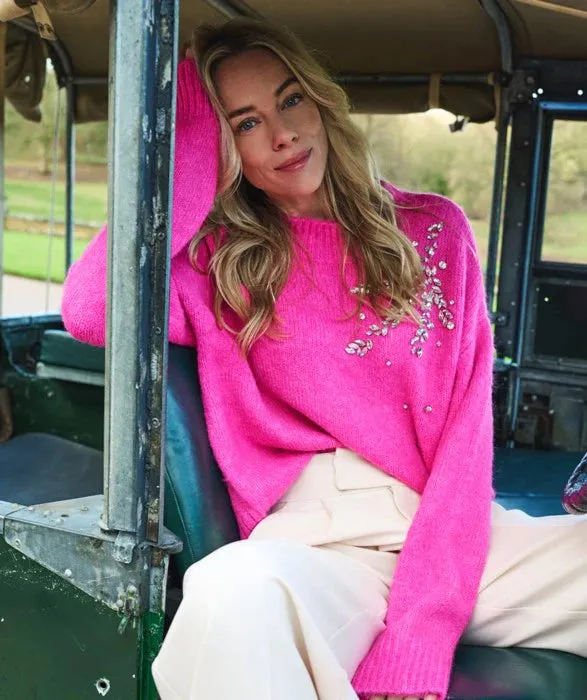 Final Sale Cerise Pink Sweater with Large Rhinestone Embellishments - EsQualo F2427505