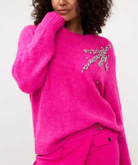 Final Sale Cerise Pink Sweater with Large Rhinestone Embellishments - EsQualo F2427505