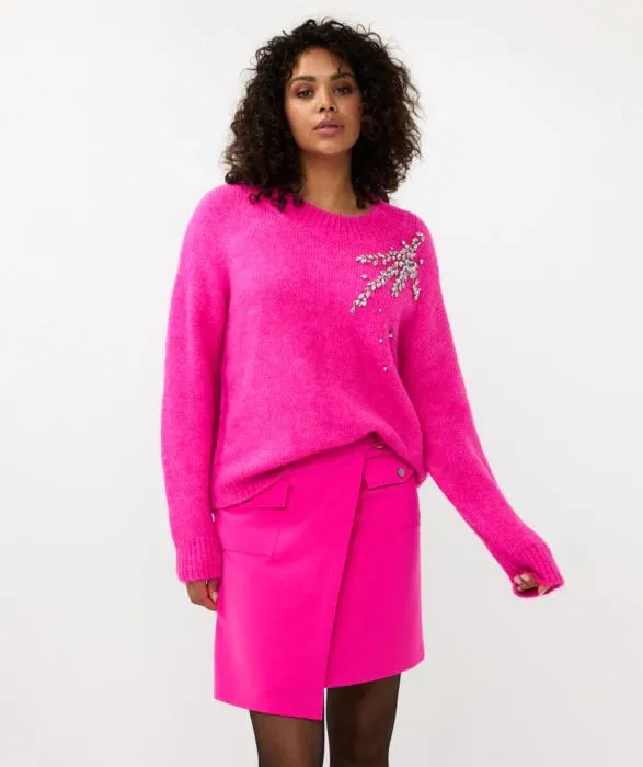 Final Sale Cerise Pink Sweater with Large Rhinestone Embellishments - EsQualo F2427505