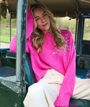 Final Sale Cerise Pink Sweater with Large Rhinestone Embellishments - EsQualo F2427505