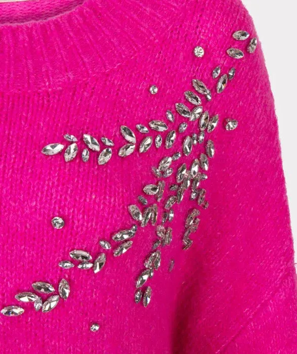 Final Sale Cerise Pink Sweater with Large Rhinestone Embellishments - EsQualo F2427505