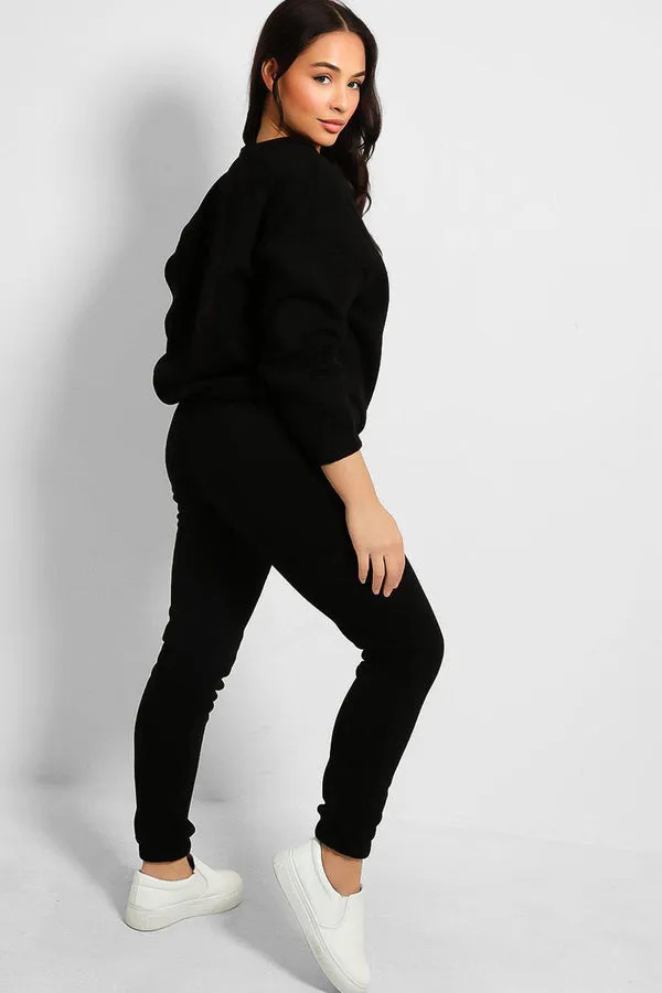 FLEECE TIE UP SWEATSHIRT & JOGGER BLACK TRACKSUIT SET