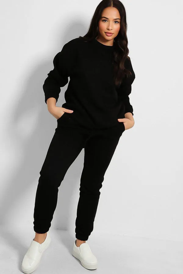 FLEECE TIE UP SWEATSHIRT & JOGGER BLACK TRACKSUIT SET