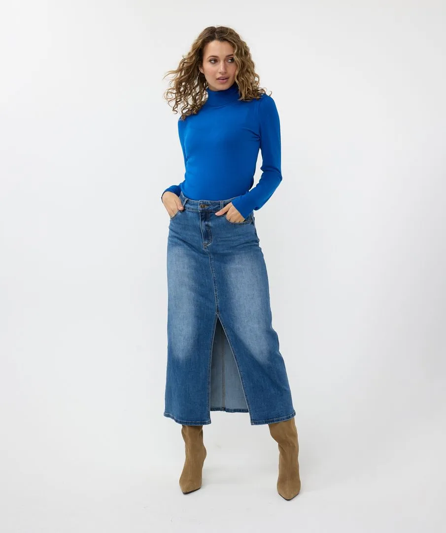 Freya Fancy Detail Shoulder Knit Turtleneck Sweater in Brilliant Blue - EsQualo F2407528
