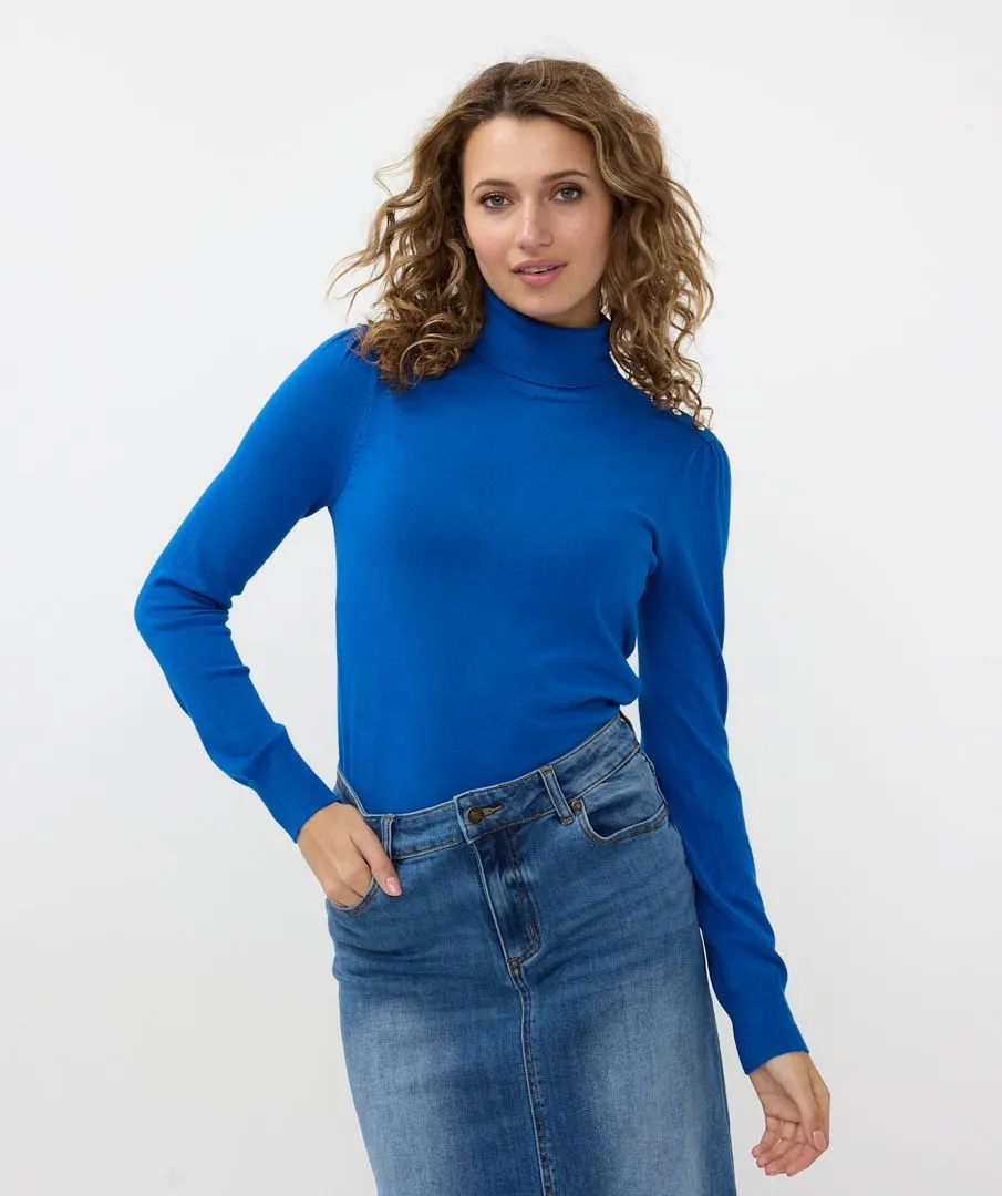 Freya Fancy Detail Shoulder Knit Turtleneck Sweater in Brilliant Blue - EsQualo F2407528