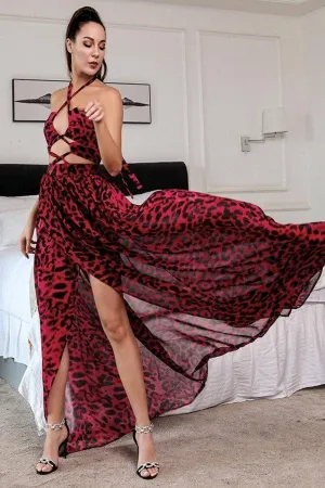 Jennifer Red Leopard Print Cut Out Maxi Dress