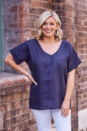 Jessica Pure Linen V-Neck Top Navy