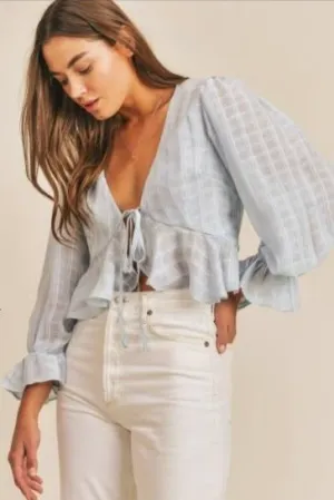 Karyn Soft Blue Plaid Ruffle Blouse