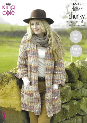King Cole 4603 Ladies Jackets, Easy Knit, Larger Sizes, Drifter Chunky Knitting Pattern