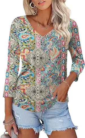 KTILG Women's V Neck T Shirts 3/4 Sleeve Blouse Summer Tops Dressy Casual Solid Basic Tees