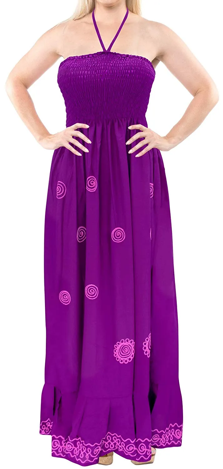 LA LEELA Women Boho Beachwear Summer Smoked Swing Tube Casual Sun Dress Solid