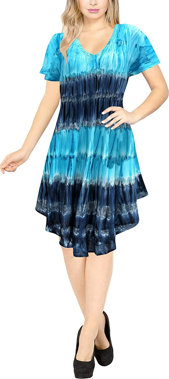 LA LEELA Women's Summer Casual Sleeveless Loose Swing T-Shirt Beach Sundress Rayon Tie Dye A