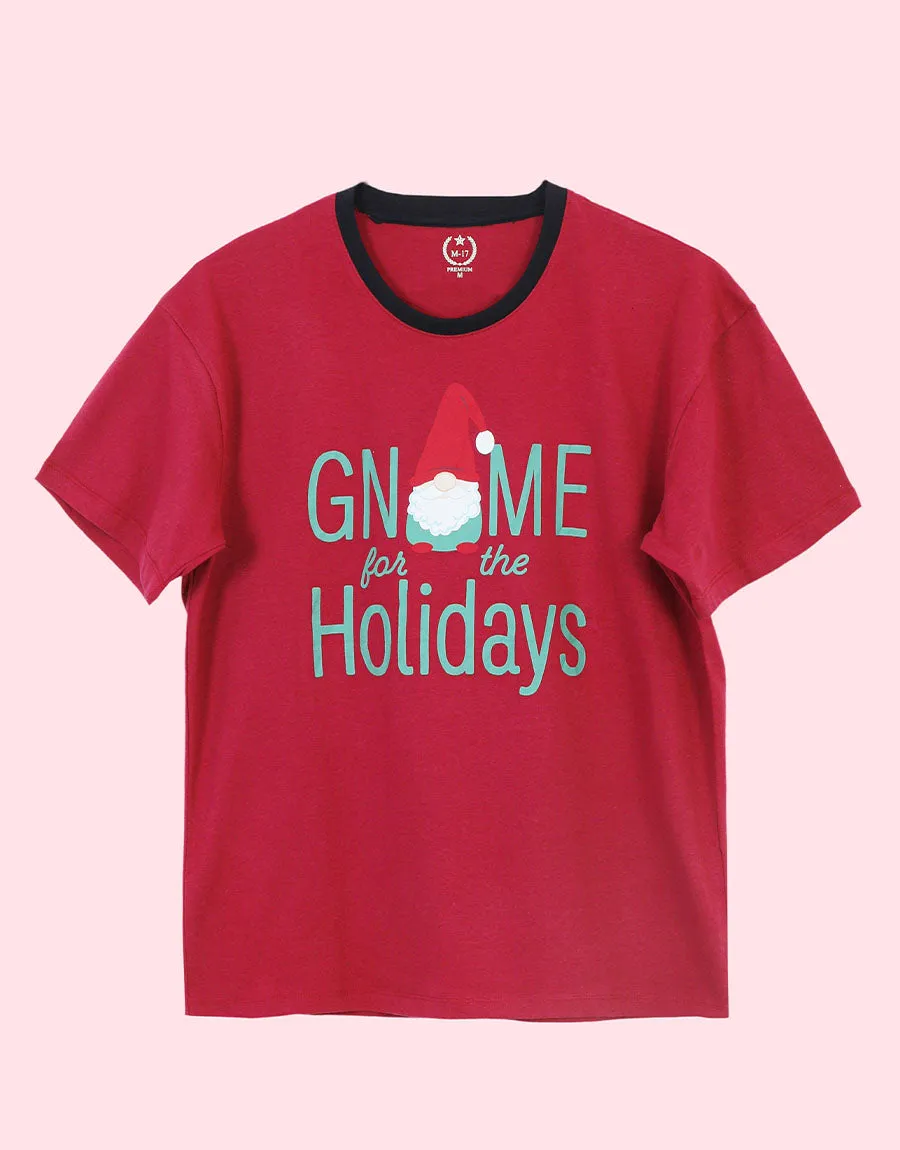 Ladies Santa Printed Crew Neck Tee Shirt-Maroon