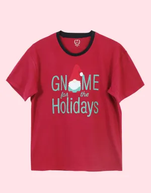 Ladies Santa Printed Crew Neck Tee Shirt-Maroon