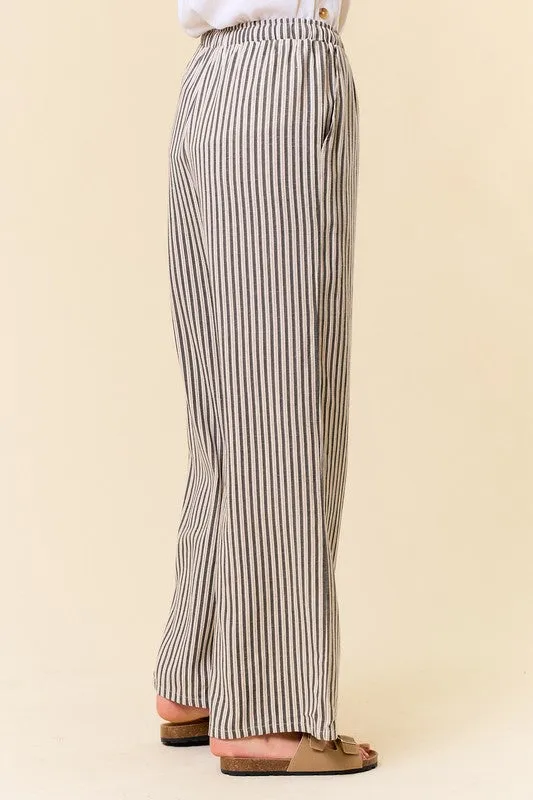 LINEN BLEND STRIPE WIDE LEG PANTS W/POCKET