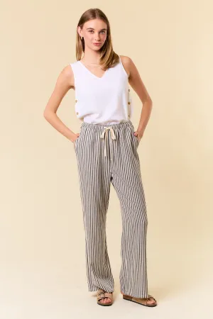 LINEN BLEND STRIPE WIDE LEG PANTS W/POCKET