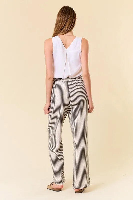 LINEN BLEND STRIPE WIDE LEG PANTS W/POCKET