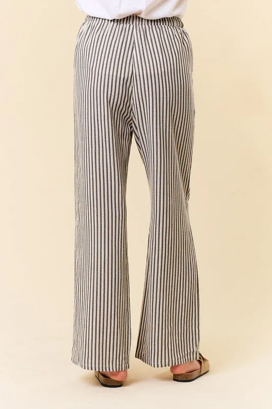 LINEN BLEND STRIPE WIDE LEG PANTS W/POCKET